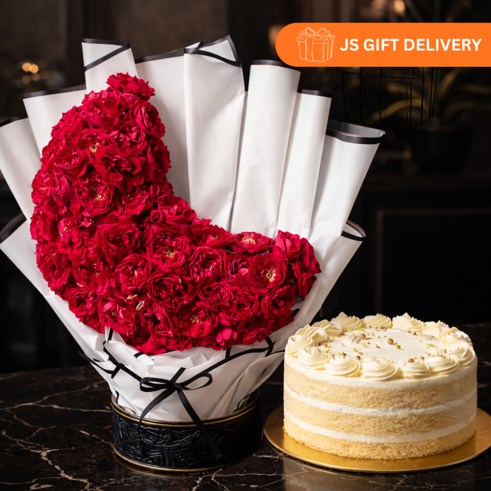 Red Rose Flower Bouquet (Moon Shape) and Cake for love one