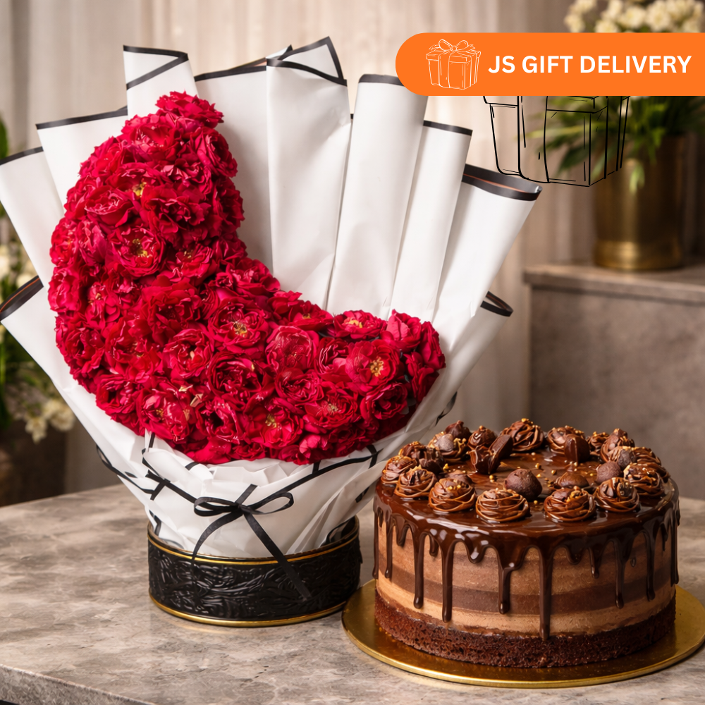 Red Rose Flower Bouquet (Moon Shape) and Cake for love one